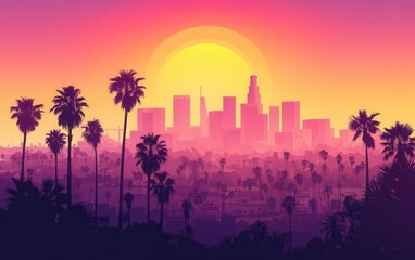 los angeles skyline at sunset, silhouette with palm trees