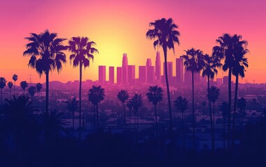 los angeles skyline at sunset, silhouette with palm trees