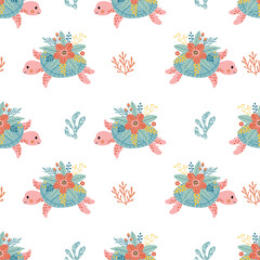 Seamless watercolor pattern with cute turtles and flowers. Hand-painted in soft colors, isolated on white background. Perfect for kids’ textiles, nursery decor, wrapping paper, and stationery.