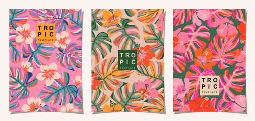 Tropical floral design with hand drawn palm leaves. Hawaii summer colorful background for posters, templates, cards, covers, decorations, banners, interior decors. Vector illustration.