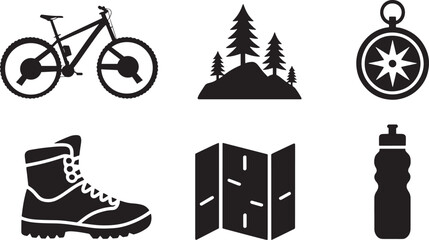 Black and white silhouettes of outdoor adventure hiking and mountain biking elements