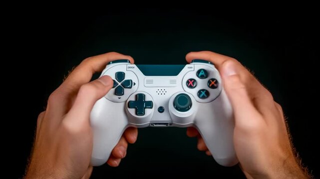 Person is holding a white controller with a black background. The controller has a black and white design and is being held in a person's hand