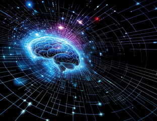 Obraz premium A glowing digital-style human brain floats in a cosmic, abstract space filled with radiant lines, grids and particles, symbolizing intelligence, neural networks and the vast universe of the mind