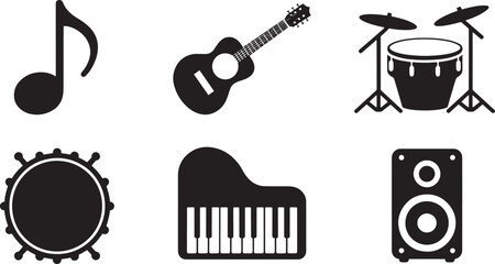 Black silhouette musical instruments set including guitar piano drum kit speaker and note