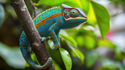 Obraz premium Vibrant chameleon perched on a branch amidst lush foliage, showcasing its intricate colors