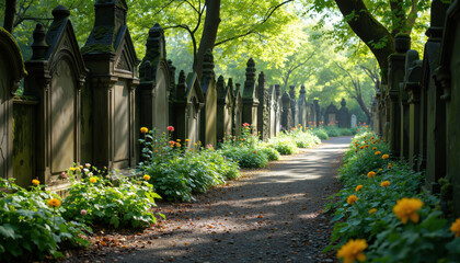Historic Garden Cemetery Path Lined with Colorful Summer Flowers and Aged Tombstones Under Lush Green Trees, Serene Resting Place with Floral Beauty and Peaceful Atmosphere
