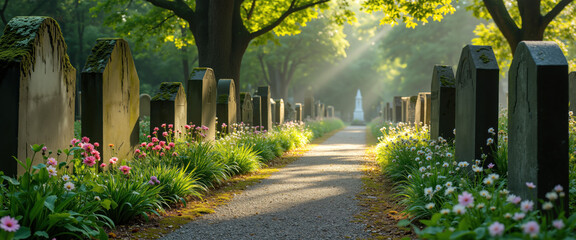 Historic Garden Cemetery Path Lined with Colorful Summer Flowers and Aged Tombstones Under Lush Green Trees, Serene Resting Place with Floral Beauty and Peaceful Atmosphere