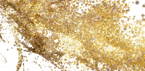 Abstract image of sparkling gold star confetti explosion on white background. Festive, celebratory design.