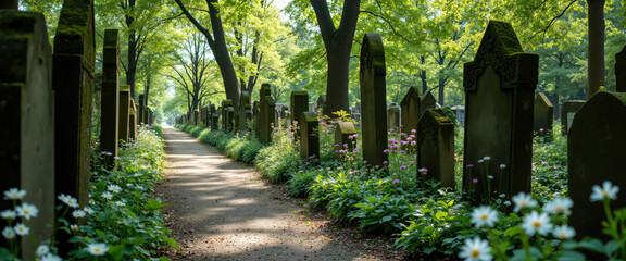 Historic Garden Cemetery Path Lined with Colorful Summer Flowers and Aged Tombstones Under Lush Green Trees, Serene Resting Place with Floral Beauty and Peaceful Atmosphere