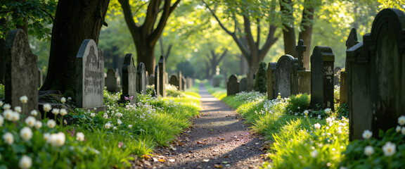 Historic Garden Cemetery Path Lined with Colorful Summer Flowers and Aged Tombstones Under Lush Green Trees, Serene Resting Place with Floral Beauty and Peaceful Atmosphere