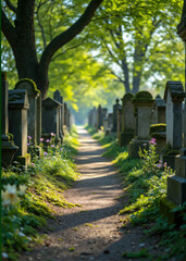 Historic Garden Cemetery Path Lined with Colorful Summer Flowers and Aged Tombstones Under Lush Green Trees, Serene Resting Place with Floral Beauty and Peaceful Atmosphere