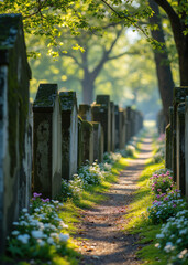 Historic Garden Cemetery Path Lined with Colorful Summer Flowers and Aged Tombstones Under Lush Green Trees, Serene Resting Place with Floral Beauty and Peaceful Atmosphere