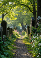 Historic Garden Cemetery Path Lined with Colorful Summer Flowers and Aged Tombstones Under Lush Green Trees, Serene Resting Place with Floral Beauty and Peaceful Atmosphere