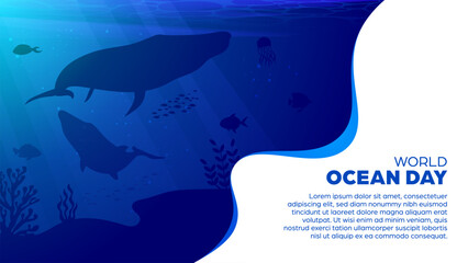 World Ocean Day Background - Deep Sea or Underwater Vector Illustration Banner For Eco-Awareness Campaigns, Environmental Posters, Nature-Themed Events, Promotions, Social Media post and Web Banner