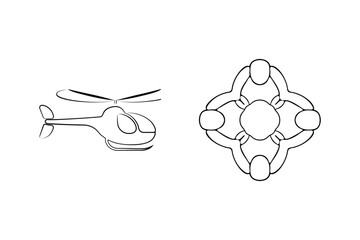 Black and white simple line drawing of helicopter and abstract teamwork symbol
