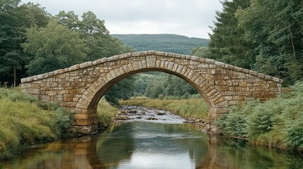 Fototapeta premium Ancient stone arch bridge spanning a calm river, surrounded by lush green forest