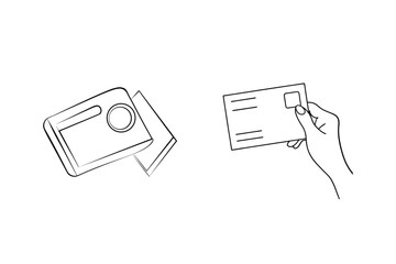 Black and white illustrated images of an envelope and a coffee machine design