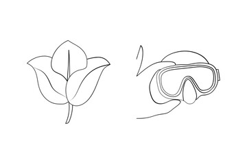 Simple black and white line art depicting a calla lily and scuba mask