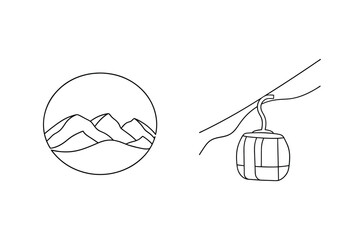 Simple black and white mountain landscape and cable car illustration for adventure and travel