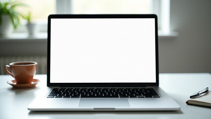A modern laptop on a minimalist desk, displaying a responsive website design, with natural lighting and a blurred background, for laptop mockup