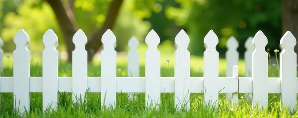 Classic white picket fence with a crisp white top rail , wood texture, painted wood