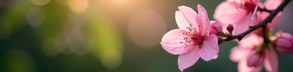 Obraz premium Delicate pink blossom unfolds in serene garden nook , bloom, pastel, pretty