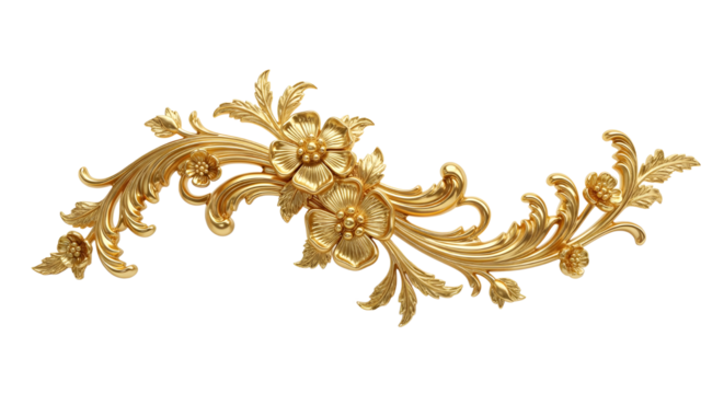 Gold Ornate Floral Design Element on Transparent Background