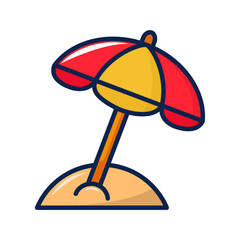 Summer beach scene with vibrant red and yellow umbrella. Perfect for travel, vacation, summer themes, advertising, and lifestyle concepts.