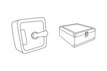Outlined illustration of a safe and a locked box in black and white design