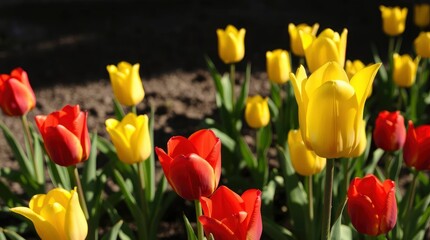 Fototapeta premium Sunlit Tulips: A Vibrant Display of Red and Yellow Blooms