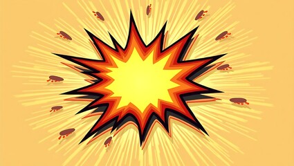 Naklejka premium Cartoon explosion with bursting star effect on a bright background with insects
