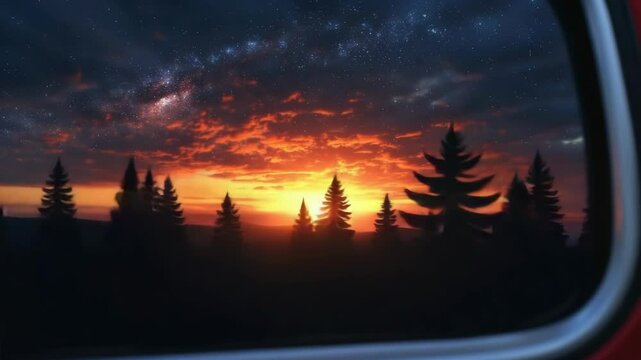 Stunning sunset view through car window, silhouettes of pine trees against fiery sky. Orange and red colors dominate breathtaking sunset scene. Dramatic sunset image perfect for video production 