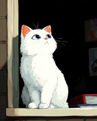Cute White Fluffy Cat with Big Eyes