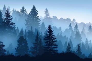 Misty Blue Forest Landscape with Pine Trees