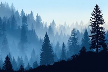 Misty Blue Forest Landscape with Pine Trees