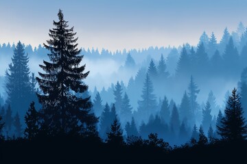Misty Blue Forest Landscape with Pine Trees