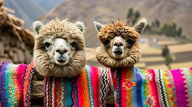 Pair of Alpacas in Andean Village with Bright Woven Textiles
