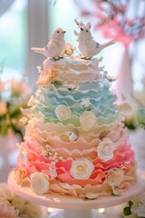 A wedding where the bride dress is made entirely of tiered cake layers, with birds perched on top, soft pastel wedding light