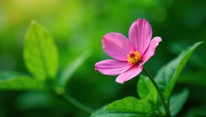 Fototapeta premium Solitary pink flower blooming amidst green foliage , spring, isolated