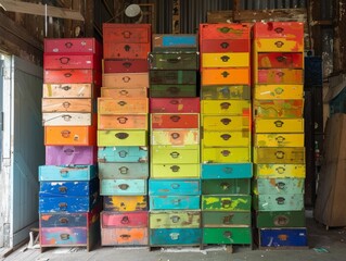 A wardrobe made entirely of old drawers stacked randomly, painted in chaotic rainbow brushstrokes, eccentric interior shot