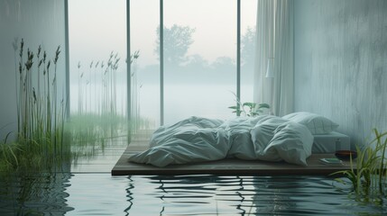 Bedroom floating on water with the bed made of grass, reeds growing through floorboards, early morning fog, poetic realism