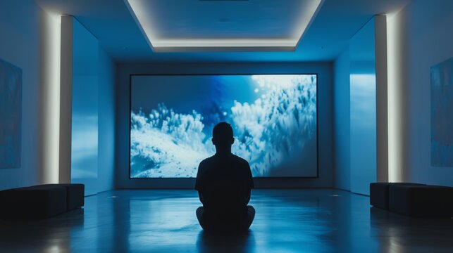 A single person in a minimalist room watching a screen where a collaborative art piece evolves in real-time with remote participants around the world, concept of quiet unity