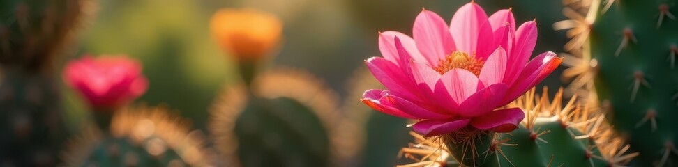 Fototapeta premium Vibrant pink cactus flower open in sun-drenched garden , green, spines, leaf