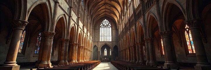 Majestic medieval church, soaring gothic arches, intricate stone carvings, stained glass windows illuminating the nave A breathtaking example of medieval architecture , oculus, holy