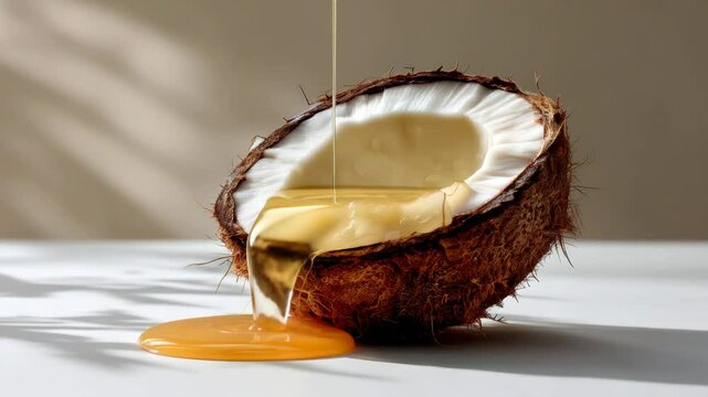 Half cut coconut with a yellow liquid dripping from it. The liquid is likely coconut milk. Concept of indulgence and luxury, as coconut milk is often associated with tropical and exotic flavors