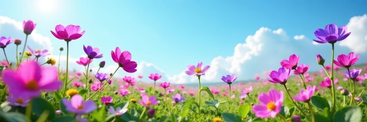 Obraz premium Wildflower meadow, vibrant purple and pink blooms under a flawless blue sky , summer, calm