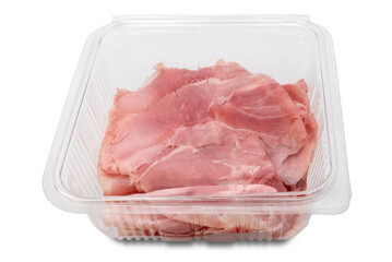 Sliced cooked ham in clear plastic box isolated