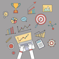 Trendy halftone collage cutout business elements set. Laptop, rising arrow chart, gears, handshake, watch, magnifier. Idea, teamwork, brainstorming and success concept Modern retro vector