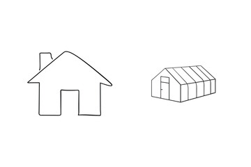Simple hand drawn outline illustration of a house and a greenhouse or building