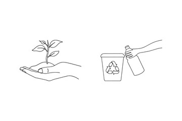 Illustrated eco friendly concept showing sustainable living planting and recycling practices
